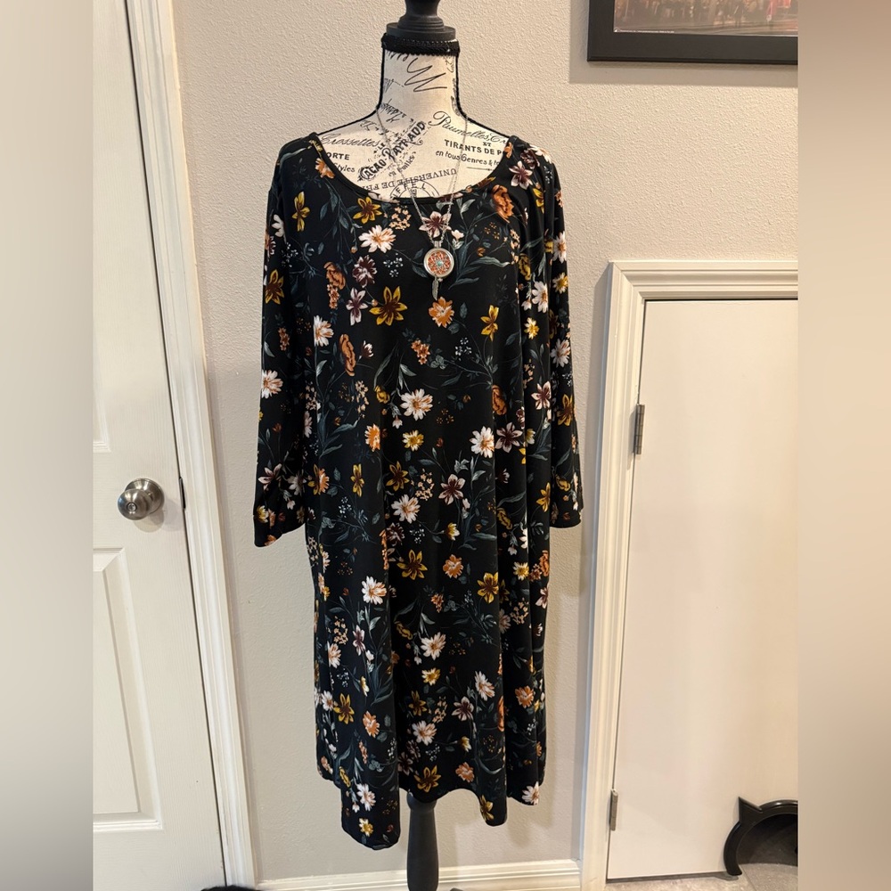 Women's Black Floral Swing Dress - Black & Mustard Floral